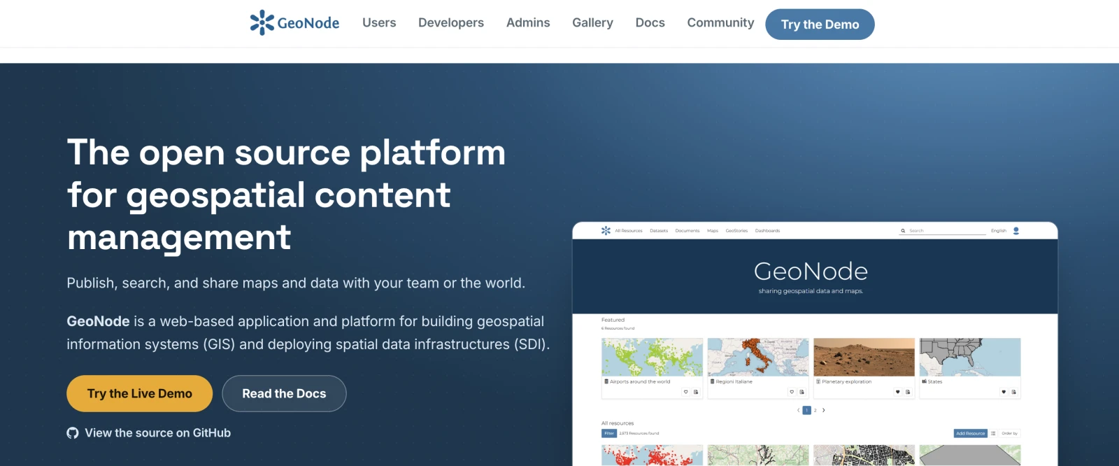 The GeoNode homepage: “The open source platform for geospatial content management”, with a screenshot of a GeoNode catalog of maps and datasets