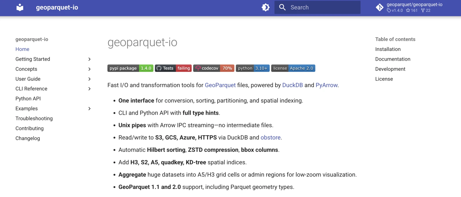 The geoparquet-io documentation homepage: fast I/O and transformation tools for GeoParquet, powered by DuckDB and PyArrow, with one interface for conversion, sorting, partitioning and spatial indexing