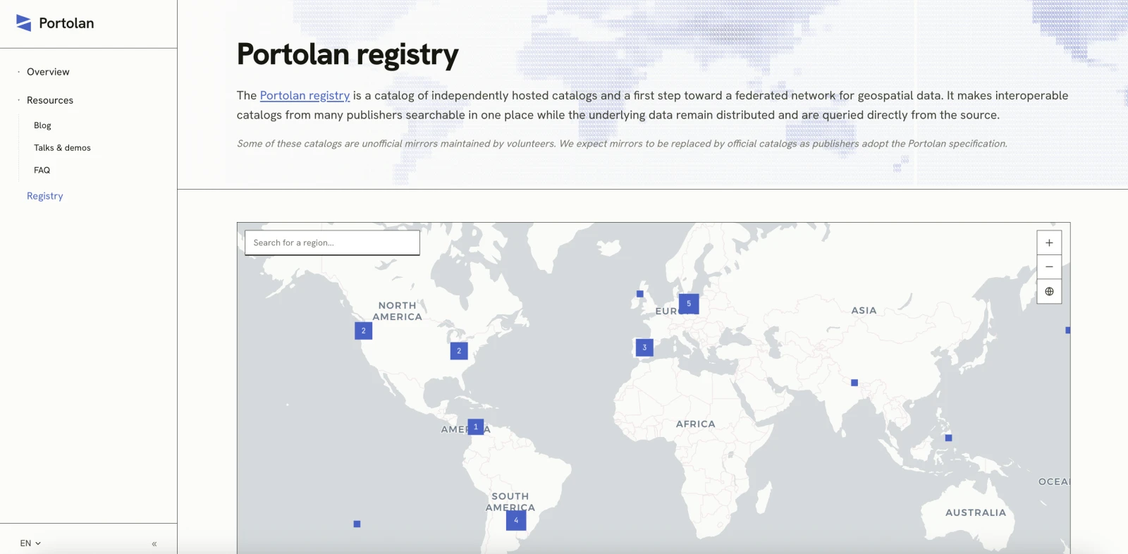 The Portolan registry page, with a world map of independently hosted catalogs clustered by region