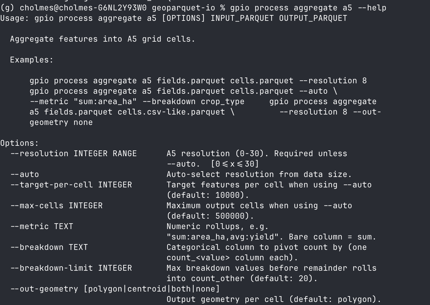 Help output for the gpio process aggregate a5 command, listing its options