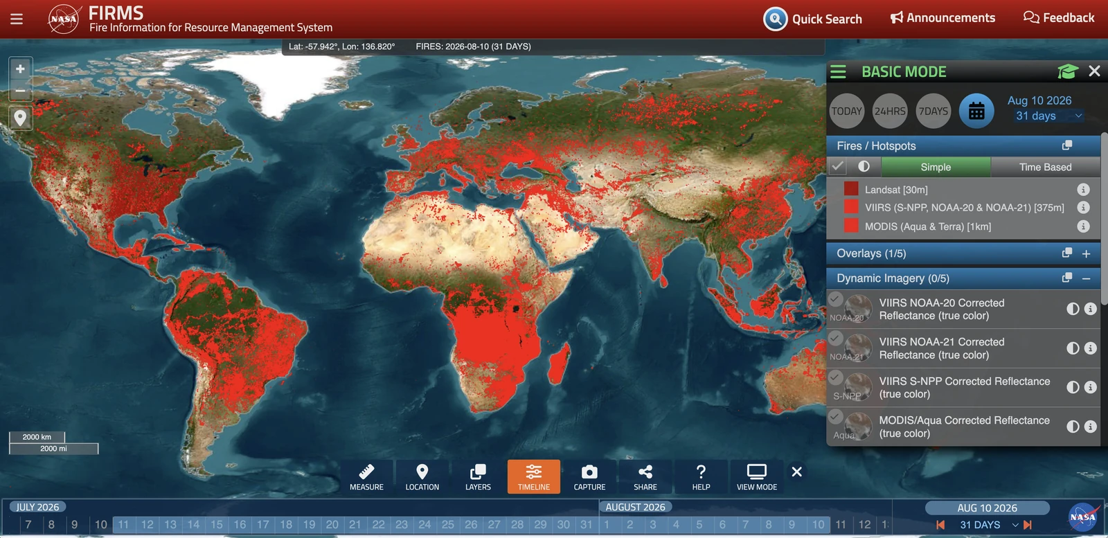 NASA’s own FIRMS Fire Map, showing 31 days of global fire detections in red over a satellite basemap