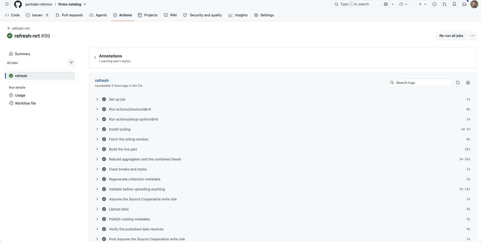 A successful refresh-nrt GitHub Actions run, stepping through fetching the rolling window, rebuilding aggregates and tiles, validating, and uploading